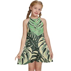 Abstract Art Tropical Leaves Kids  Halter Collar Waist Tie Chiffon Dress by Valentinaart