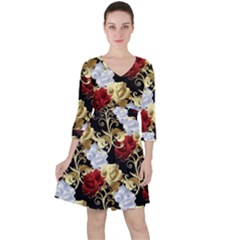 Roses Seamless Pattern Floral Quarter Sleeve Ruffle Waist Dress by Loisa77