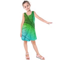 3d Leaves Texture Sheet Blue Green Kids  Sleeveless Dress by Cemarart