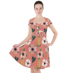 Flower Pink Brown Pattern Floral Cap Sleeve Midi Dress With Pockets by anzea