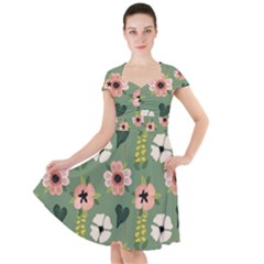 Flower Green Pink Pattern Floral Cap Sleeve Midi Dress With Pockets by anzea