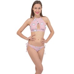 Cute Cat Cartoon Doodle Seamless Pink Pattern Cross Front Halter Bikini Set by Grandong