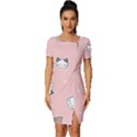 Cute Cat Cartoon Doodle Seamless Pink Pattern Fitted Knot Split End Bodycon Dress View1