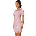 Cute Cat Cartoon Doodle Seamless Pink Pattern Fitted Knot Split End Bodycon Dress View2