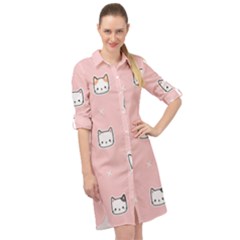 Cute Cat Cartoon Doodle Seamless Pink Pattern Long Sleeve Mini Shirt Dress by Grandong