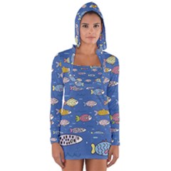 Sea Fish Blue Submarine Animals Long Sleeve Hooded T-shirt by Loisa77