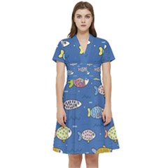 Sea Fish Blue Submarine Animals Short Sleeve Waist Detail Dress by Loisa77