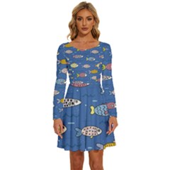 Sea Fish Blue Submarine Animals Long Sleeve Wide Neck Velvet Dress by Loisa77