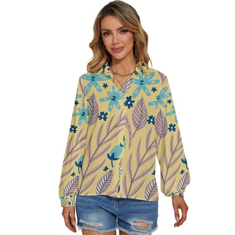 Plants Art Motif Flowers Women s Long Sleeve Button Up Shirt by Loisa77