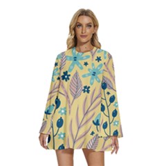 Plants Art Motif Flowers Round Neck Long Sleeve Bohemian Style Chiffon Mini Dress by Loisa77