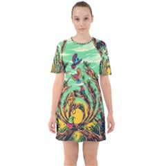 Monkey Tiger Bird Parrot Forest Jungle Style Sixties Short Sleeve Mini Dress by Grandong