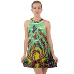 Monkey Tiger Bird Parrot Forest Jungle Style Halter Tie Back Chiffon Dress by Grandong