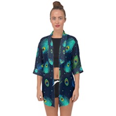 Texture Pattern Green Feather Yellow Peacock Open Front Chiffon Kimono by Loisa77