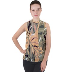 Leaves Monstera Picture Print Pattern Mock Neck Chiffon Sleeveless Top by Ravend