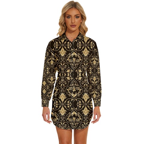 Vintage Batik Art Architecture Pattern Womens Long Sleeve Shirt Dress by Ravend