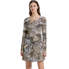 Fossilized Seashell Texture Print Design Bk Long Sleeve Velour Skater Dress by dflcprintsclothing