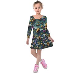 Bees Colony Flowers Kids  Long Sleeve Velvet Dress by Loisa77