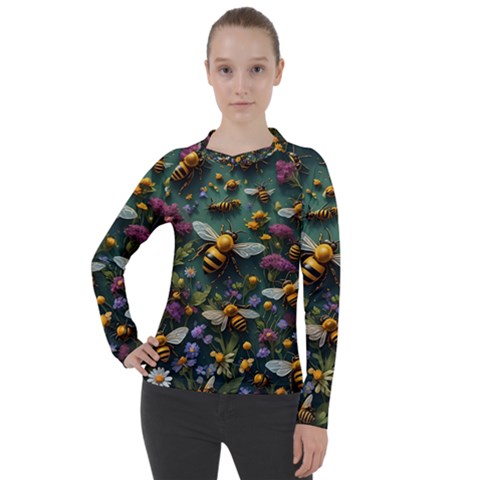 Bees Colony Flowers Women s Pique Long Sleeve T-shirt by Loisa77