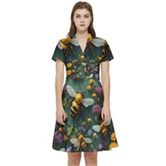 Bees Colony Flowers Short Sleeve Waist Detail Dress by Loisa77