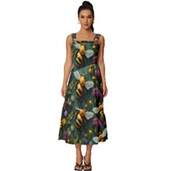 Bees Colony Flowers Square Neckline Tiered Midi Dress by Loisa77