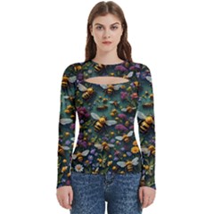 Bees Colony Flowers Women s Cut Out Long Sleeve T-shirt by Loisa77