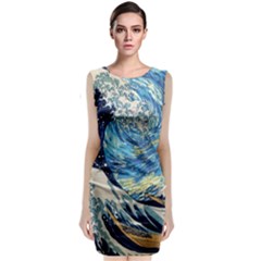 The Great Wave Of Kanagawa Painting Sleeveless Velvet Midi Dress by Perong