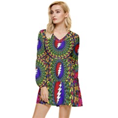 Grateful Dead Bear Pattern Tiered Long Sleeve Mini Dress by Maspions