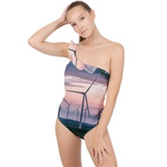 Wind Giants At Twilight Frilly One Shoulder Swimsuit by Tellerarts