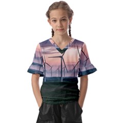 Wind Giants At Twilight Kids  V-neck Horn Sleeve Blouse by Tellerarts