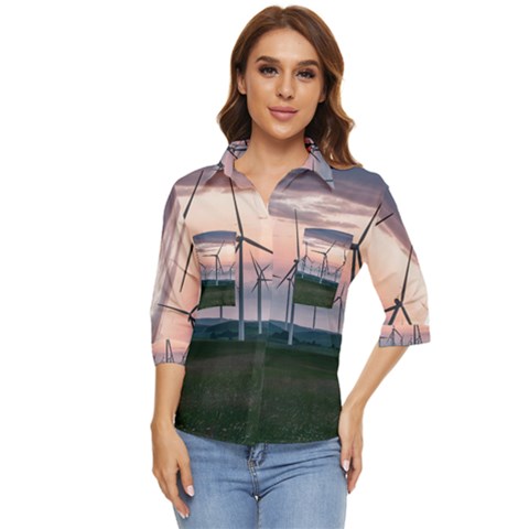 Wind Giants At Twilight Women s Quarter Sleeve Pocket Shirt by Tellerarts