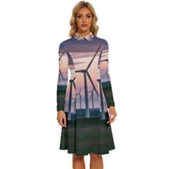 Wind Giants At Twilight Long Sleeve Shirt Collar A-line Dress by Tellerarts