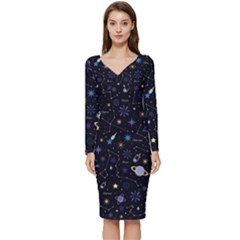 Starry Night  Space Constellations  Stars  Galaxy  Universe Graphic  Illustration Long Sleeve V-neck Bodycon Dress  by Grandong