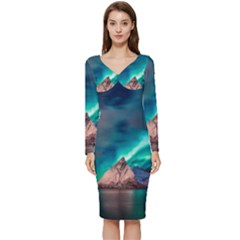 Amazing Aurora Borealis Colors Long Sleeve V-neck Bodycon Dress  by Grandong