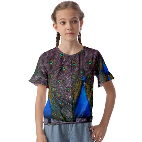 Bird Peacock Feathers Kids  Cuff Sleeve Scrunch Bottom T-shirt by Perong