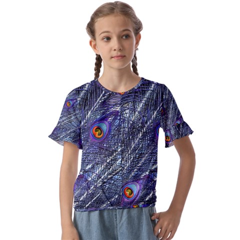 Peacock Bird Feathers Coloured Plumage Kids  Cuff Sleeve Scrunch Bottom T-shirt by Perong