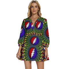 Grateful Dead Bear Pattern V-neck Placket Mini Dress by Maspions