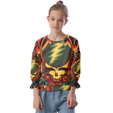 Grateful Dead Steal Your Face Deadhead Hippie Logo Music Kids  Cuff Sleeve Top by Perong