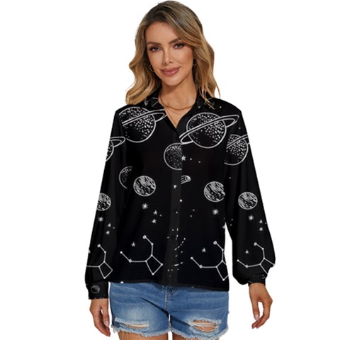 Black Space Drawing Art Planet Drawing Stars Black Space Galaxy Outer Space Women s Long Sleeve Button Up Shirt by Perong