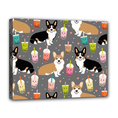 Corgi Boba Tea Bubble Tea Kawaii Food Welsh Corgis Dog Canvas 14  X 11  (stretched) by Perong