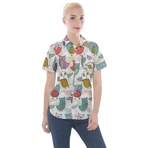 Owl Animal Bird Pattern Women s Short Sleeve Pocket Shirt by Perong