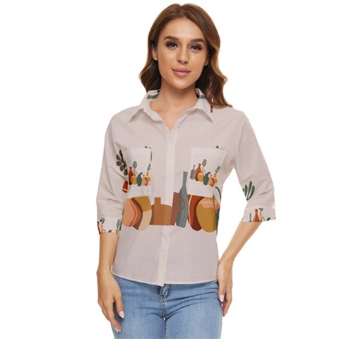 Drawing Botanical Women s Quarter Sleeve Pocket Shirt by Perong