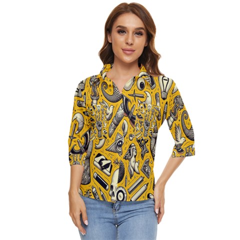 Yellow Template Design Women s Quarter Sleeve Pocket Shirt by Perong