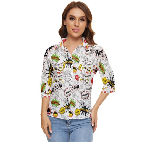 Pattern Seamless Texture Cartoon Women s Quarter Sleeve Pocket Shirt by Perong