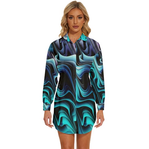 Nature Water Wave Architecture Womens Long Sleeve Shirt Dress by Salmanaz77