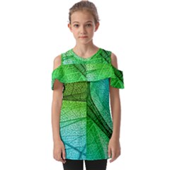 3d Leaves Texture Sheet Blue Green Fold Over Open Sleeve Top by Cemarart