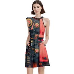 Tech Technology Pattern Cocktail Party Halter Sleeveless Dress With Pockets by Salmanaz77