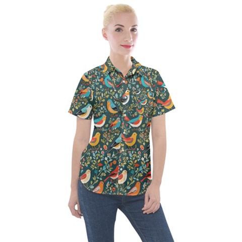 Birds Pattern Flowers Whimsical Women s Short Sleeve Pocket Shirt by Salmanaz77