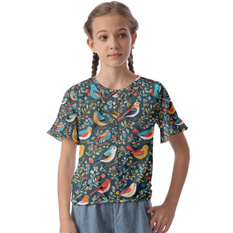 Birds Pattern Flowers Whimsical Kids  Cuff Sleeve Scrunch Bottom T-shirt by Salmanaz77