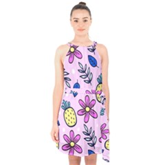 Flowers Petals Pineapples Fruit Halter Collar Waist Tie Chiffon Dress by Paksenen