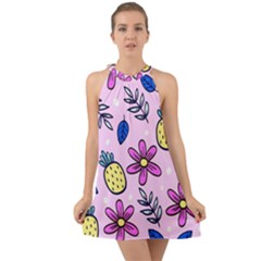 Flowers Petals Pineapples Fruit Halter Tie Back Chiffon Dress by Paksenen